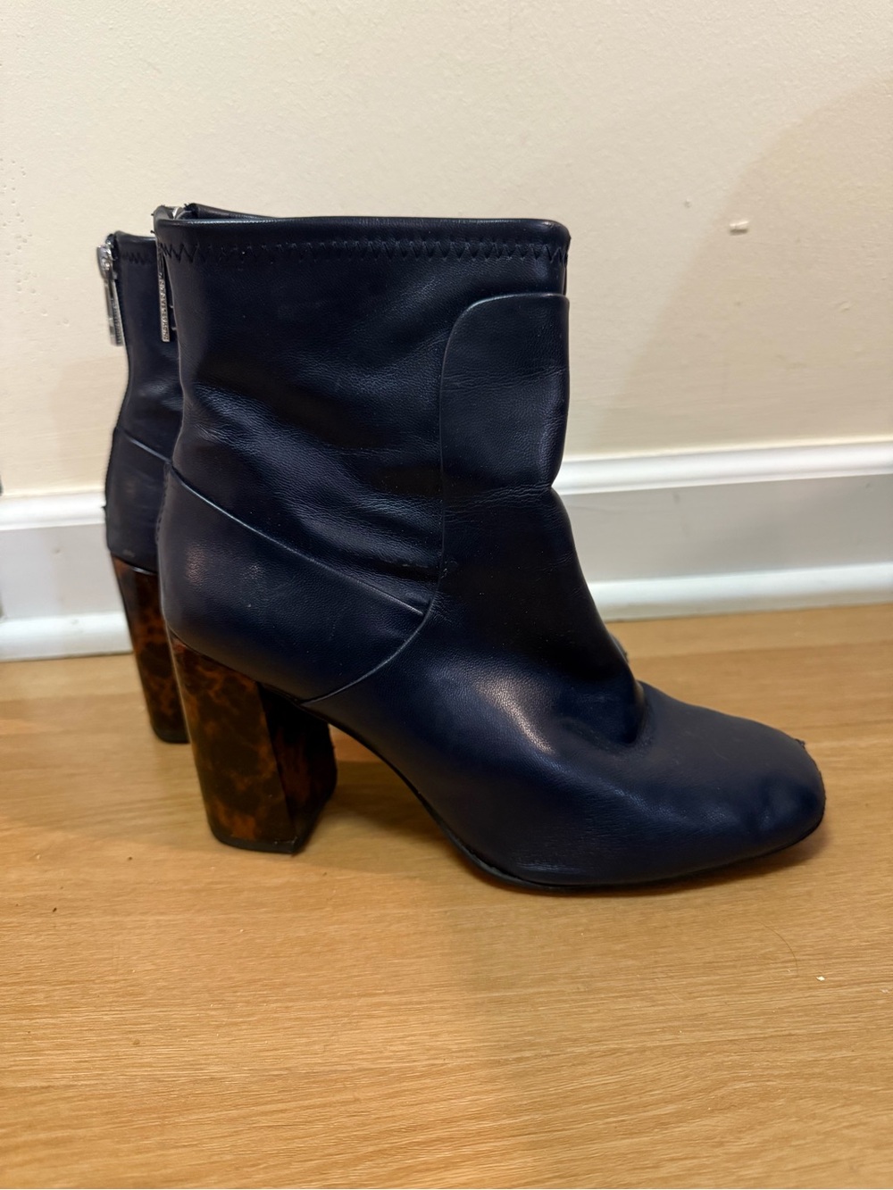 Charles David Navy Leather Ankle Boots with Tortoiseshell Block Heel